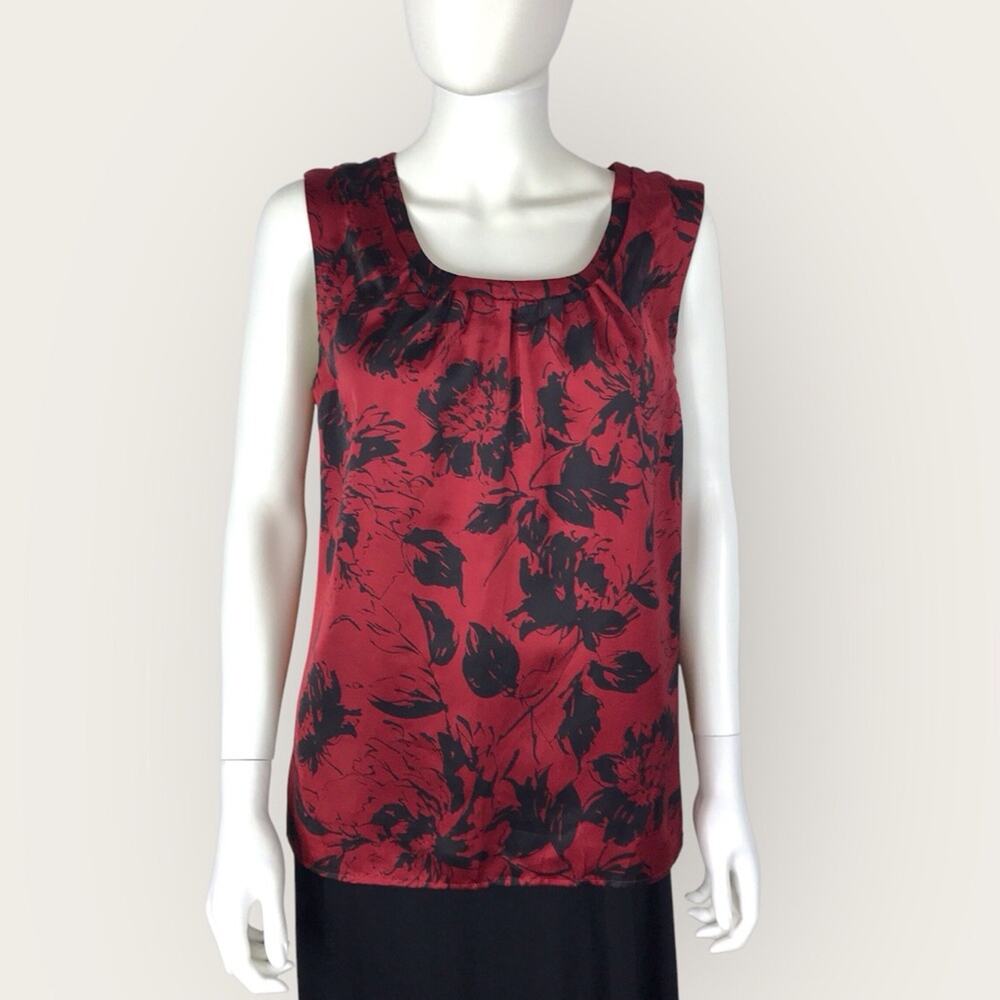Talbots Satin Blouse Floral Red and Black Sleeveless Top Size M